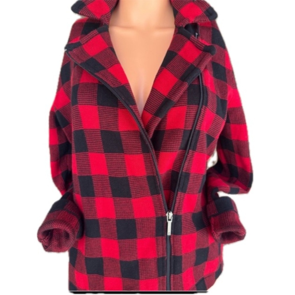 Chaps Red Black Buffalo Plaid Moto Sweater Jacket Asym Zip Small Petite
